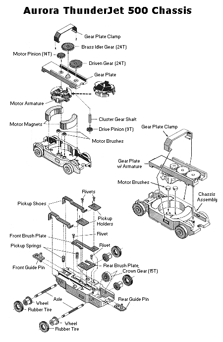 Aurora ThunderJet 500 (T-Jet) Exploded Chassis Diagram